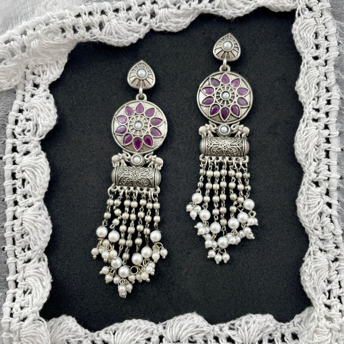 Oxidised Silver-Plated Stone-Studded Beaded Festive Dangler Earrings