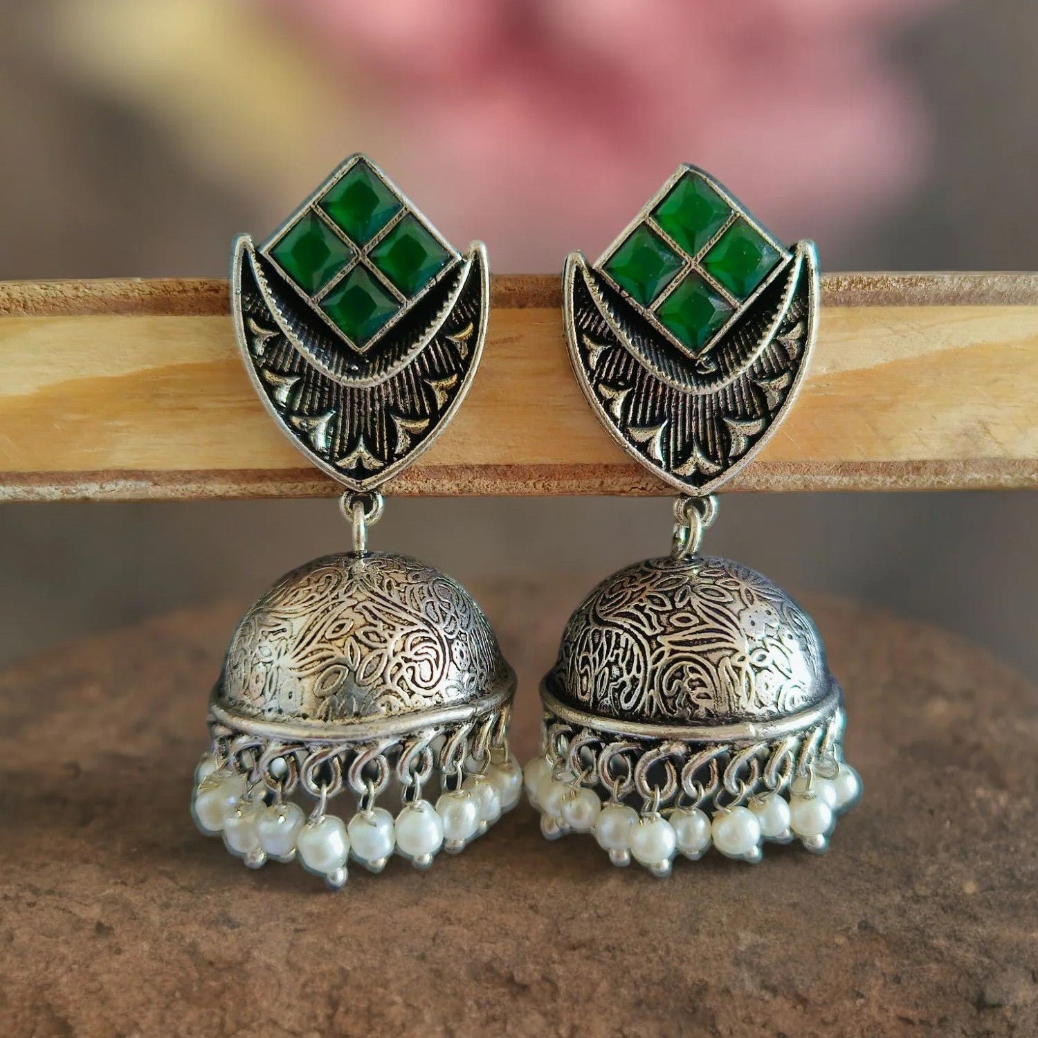 Oxidised Silver-Plated Stone-Studded Beaded Jhumka Dangler Earrings