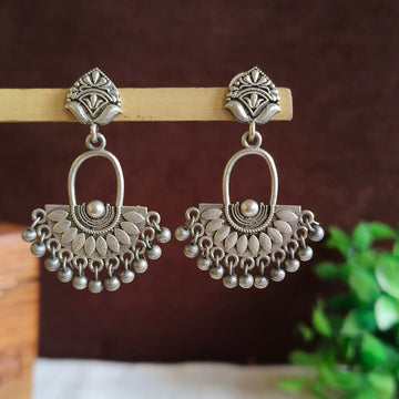 Oxidised Silver-Replica Intricate Embossed Ghungroo Dangler Earrings
