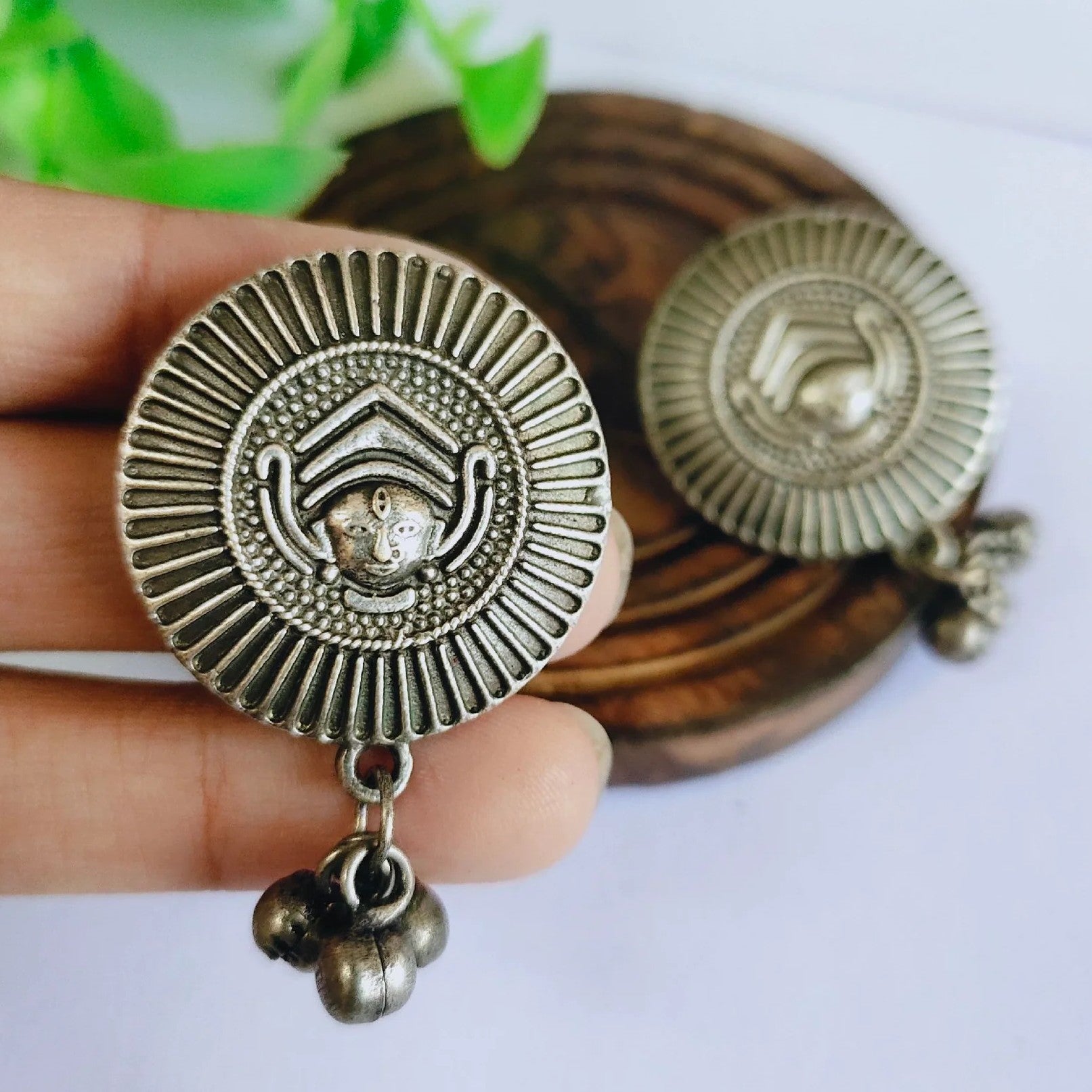 Oxidised Silver-Toned Goddess Durga Stud Earrings