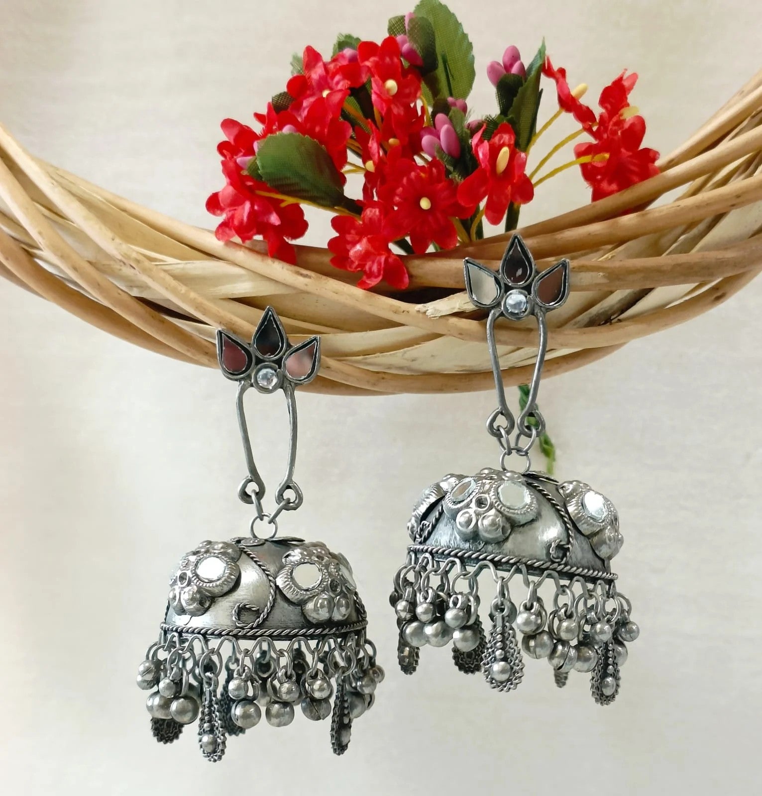 Oxidised Silver Dome Shaped Mirror Work Jhumka Earrings