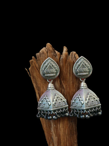 Oxidised Tribal Beaded Jhumka Earrings, Silver-toned Statement Earrings, Gift For Her (MDYJ1043)