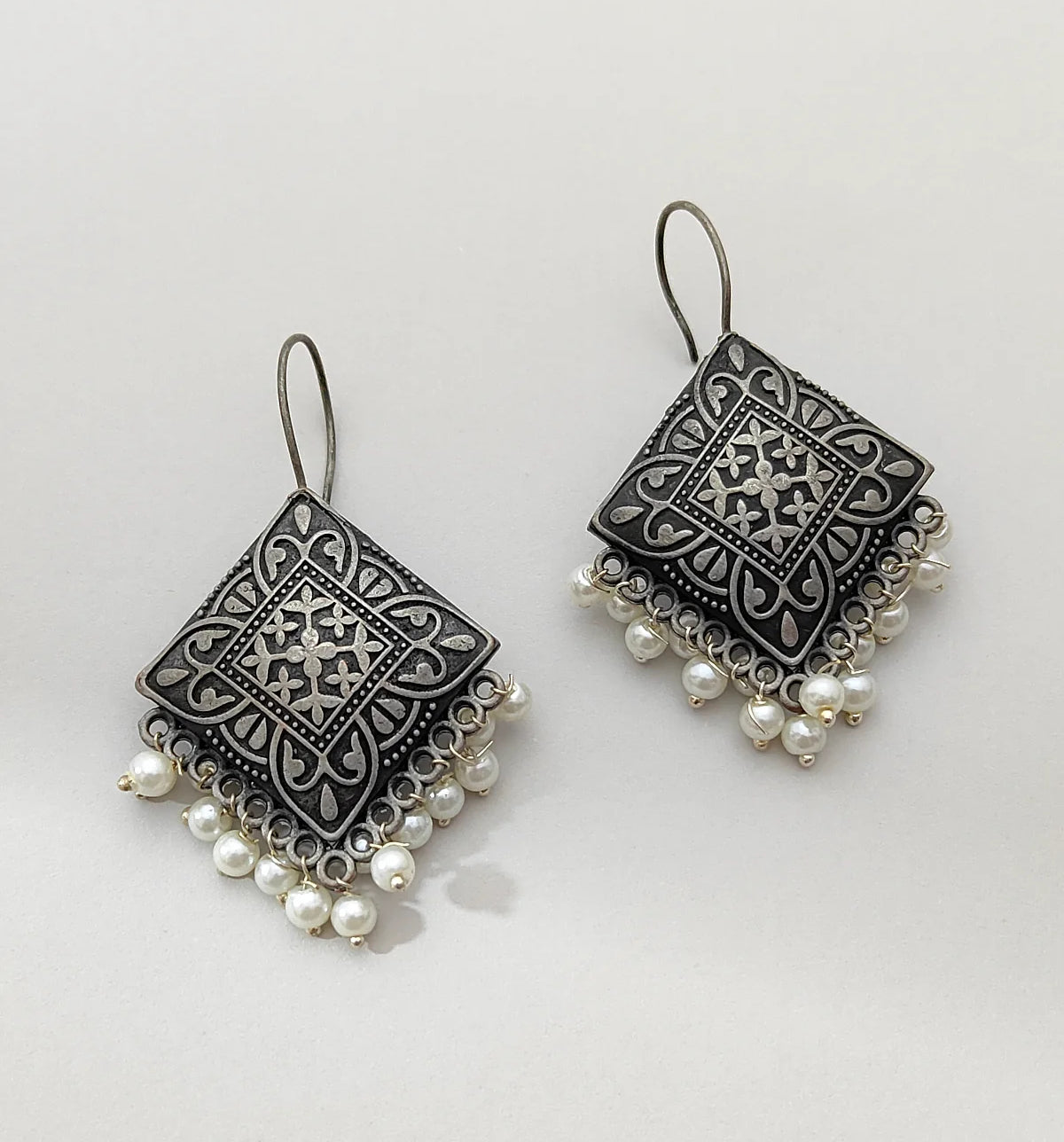 Oxidised Earrings With Drop Pearls, Silver Lookalike Hook Earrings For Women (MKMH1010)