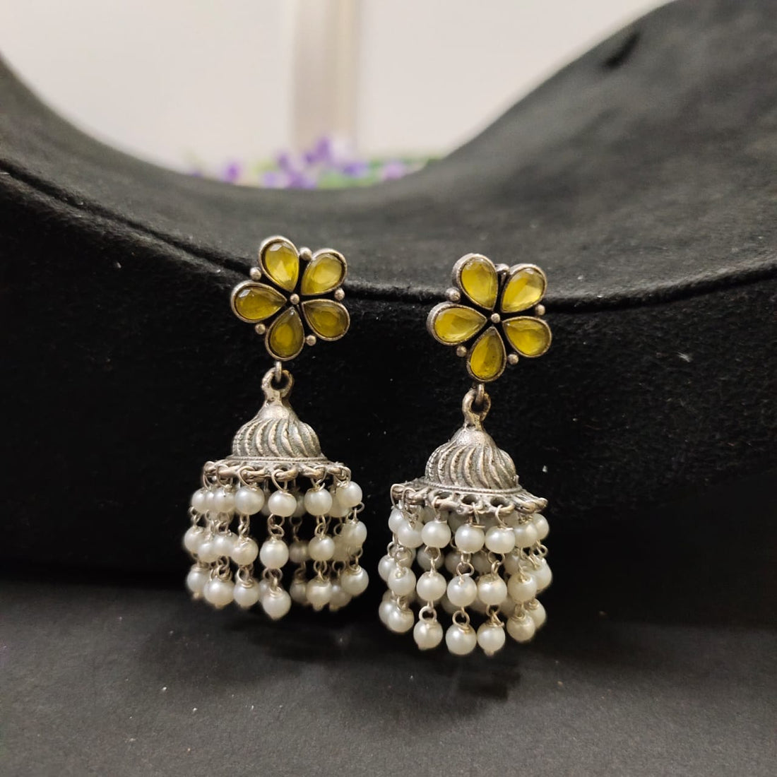 Oxidized Jhumkas With Stone & Pearls, German Silver Flower Earrings, Yellow