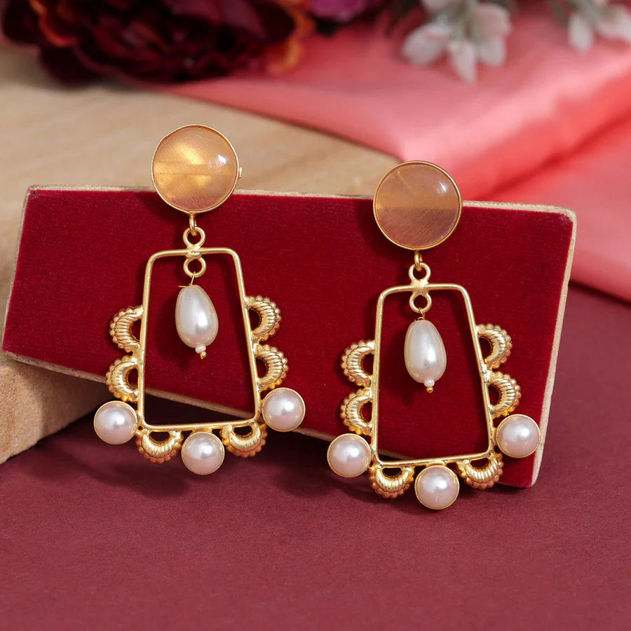 Peach Stone & Pearl Studded Statement Earrings, Gold-Toned Dangle Earrings For Women & Girls