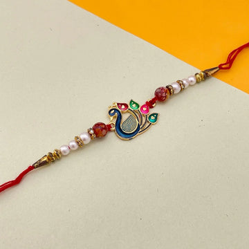 Peacock Charm Stone & Beads Work Mauli Thread Rakhi