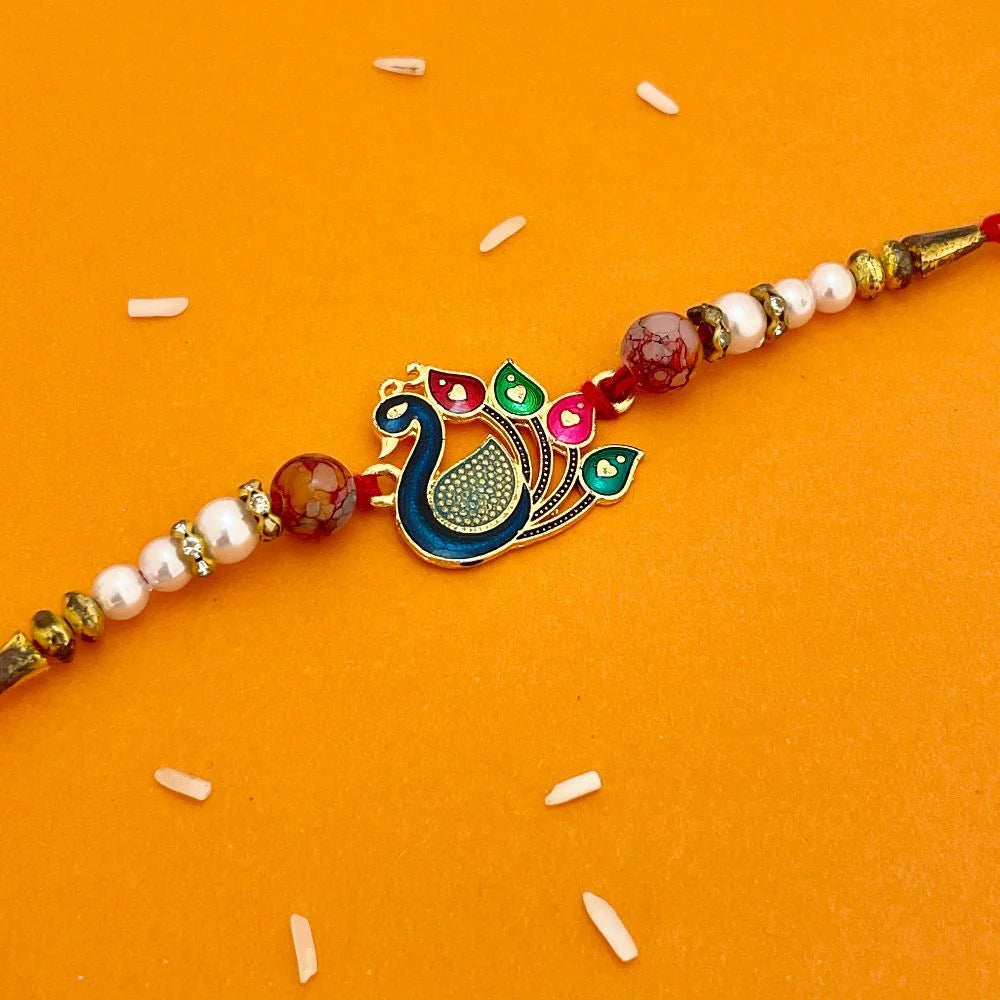 Peacock Charm Stone & Beads Work Mauli Thread Rakhi