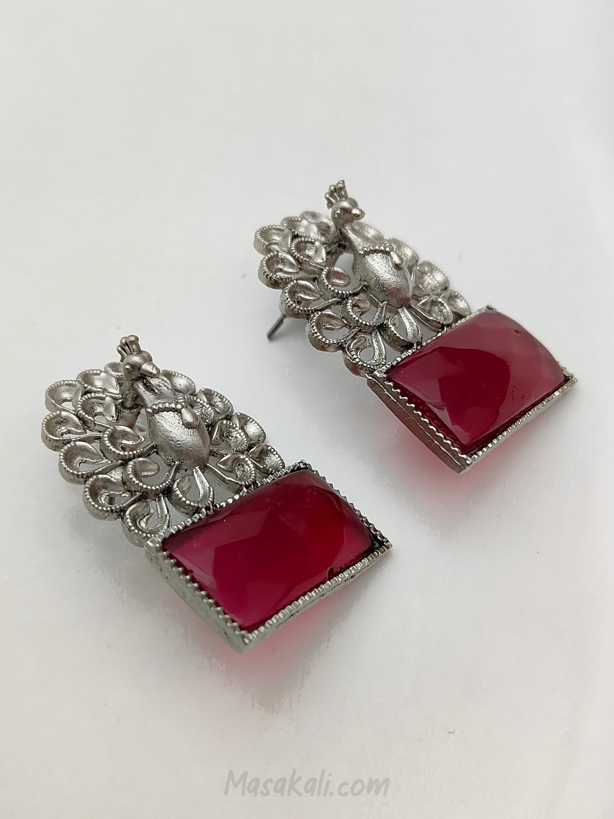 Peacock Design Ruby Stone Stud Earrings, Silver Lookalike Indian Handmade Jewellery For Women