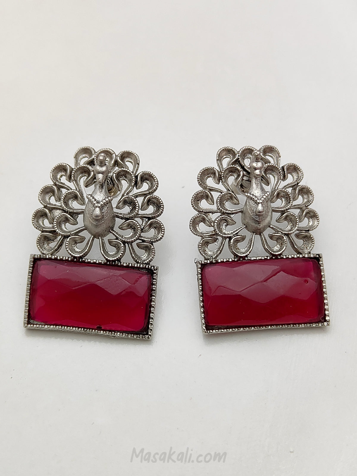 Peacock Design Ruby Stone Stud Earrings, Silver Lookalike Indian Handmade Jewellery For Women