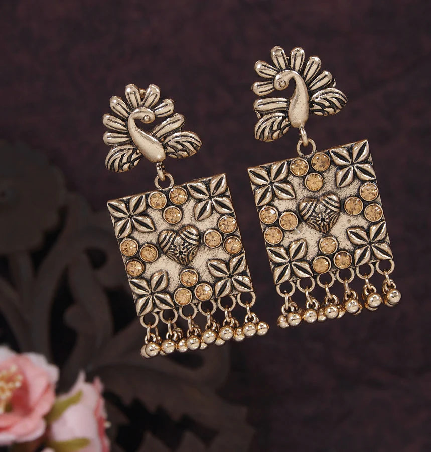 Peacock Design Stone Studded Earrings, Antique Gold-toned Dangler Earrings (MTAR1054)