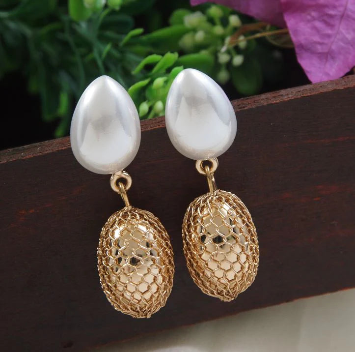 Pearl And Gold Mesh Drop Earrings, Gold-plated Western Earrings