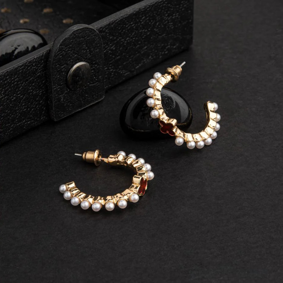 Pearl Studded Hoop Earrings, Gold-plated Four-leaf Clover Design Earrings For Women (MTAR1039)