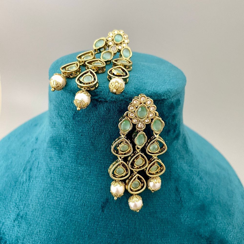 Pearl Studded Kundan Embellished Mint Green Dangler Earrings