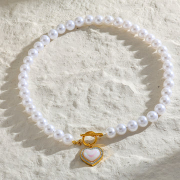 Pearl & CZ Embellished Heart Shaped Pendant Necklace