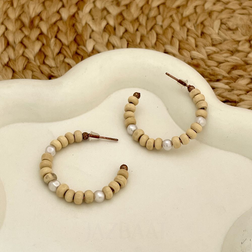 Pearl & Wooden Beaded Hoop Earrings