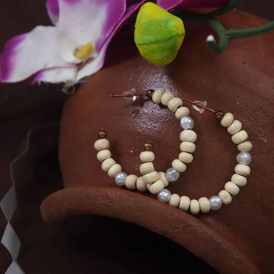 Pearl & Wooden Beaded Hoop Earrings