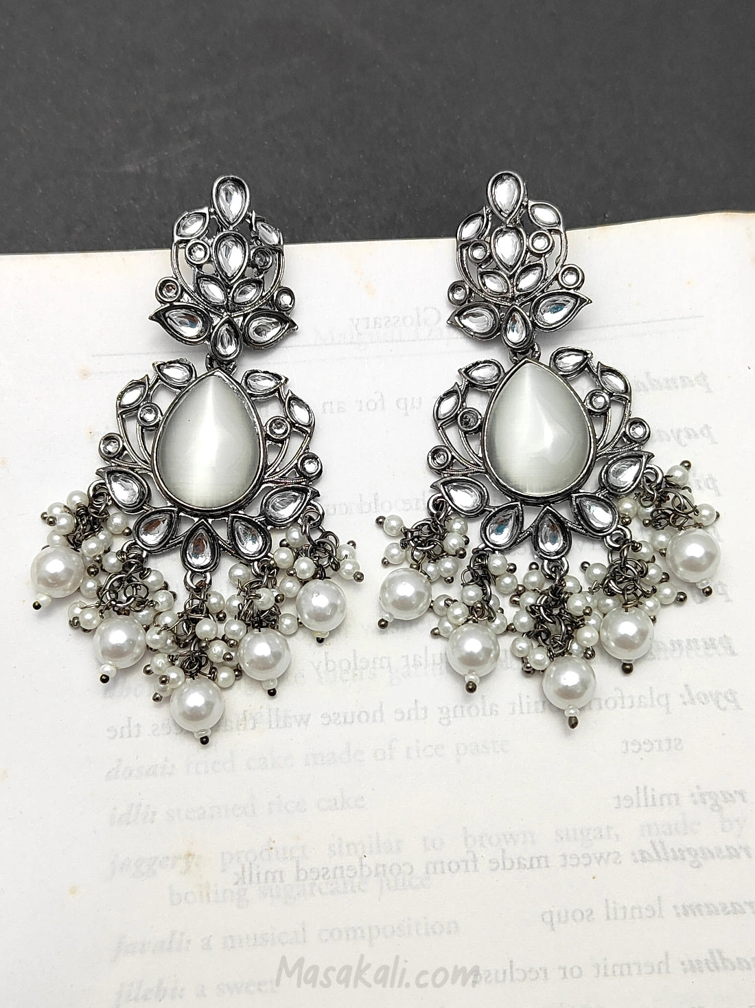 Pearls Dangler Monalisa Stone Earrings, Silver Replica Moti Earrings (MKHU1001)