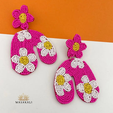 Pink Flower Design Beaded Quirky Earrings