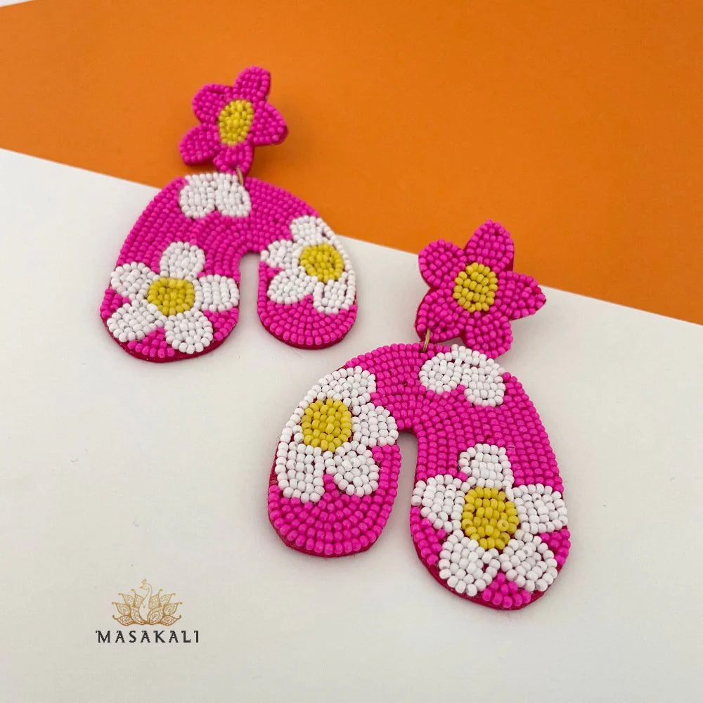 Pink Flower Design Beaded Quirky Earrings
