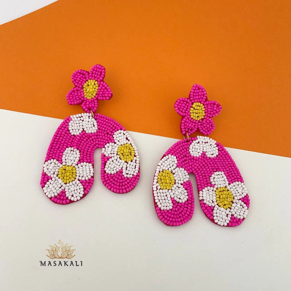 Pink Flower Design Beaded Quirky Earrings