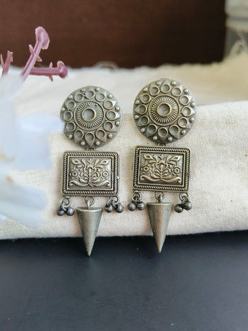 Premium Quality Oxidised Earrings, Silver Look-alike Earrings With Hanging Ghungroos (MDYJ1019)