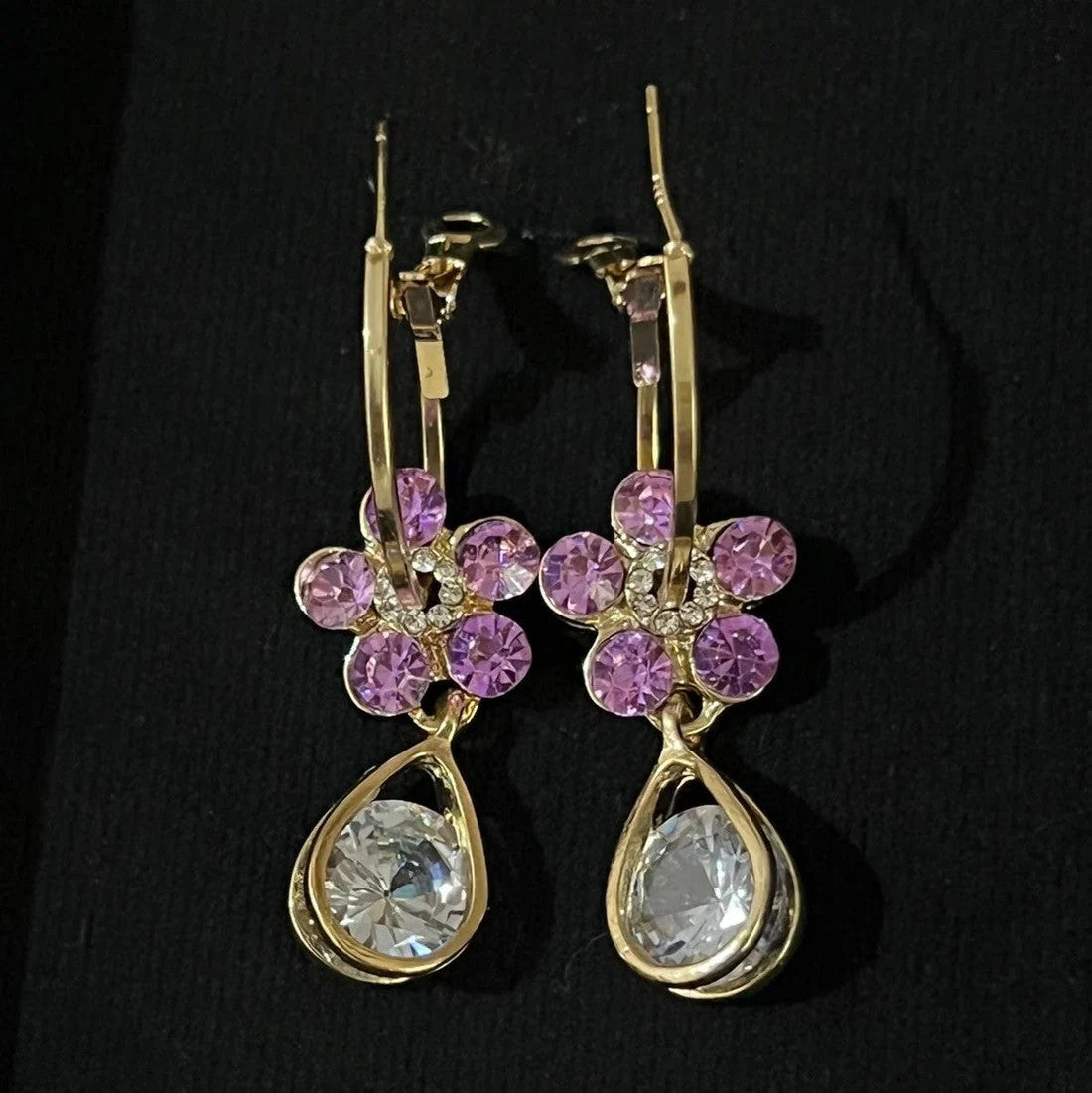 Purple Crystal-Studded Flower Design Drop Earrings
