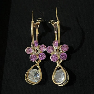 Purple Crystal-Studded Flower Design Drop Earrings