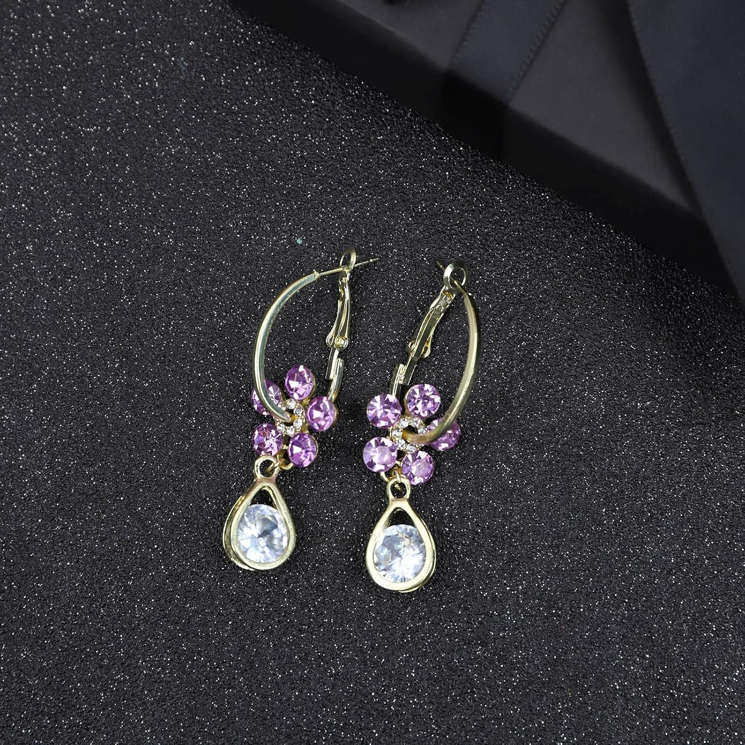 Purple Crystal-Studded Flower Design Drop Earrings