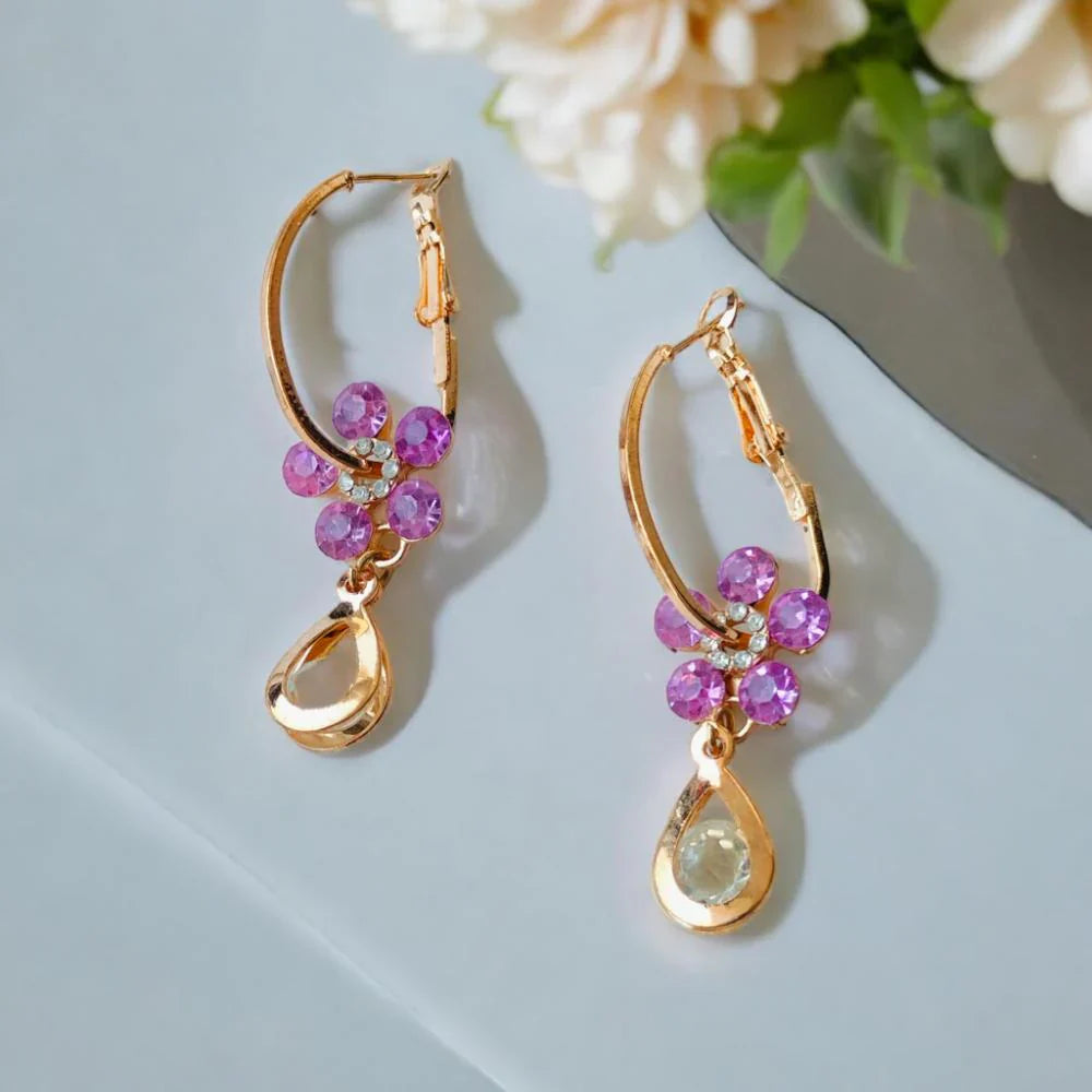 Purple Crystal-Studded Flower Design Drop Earrings
