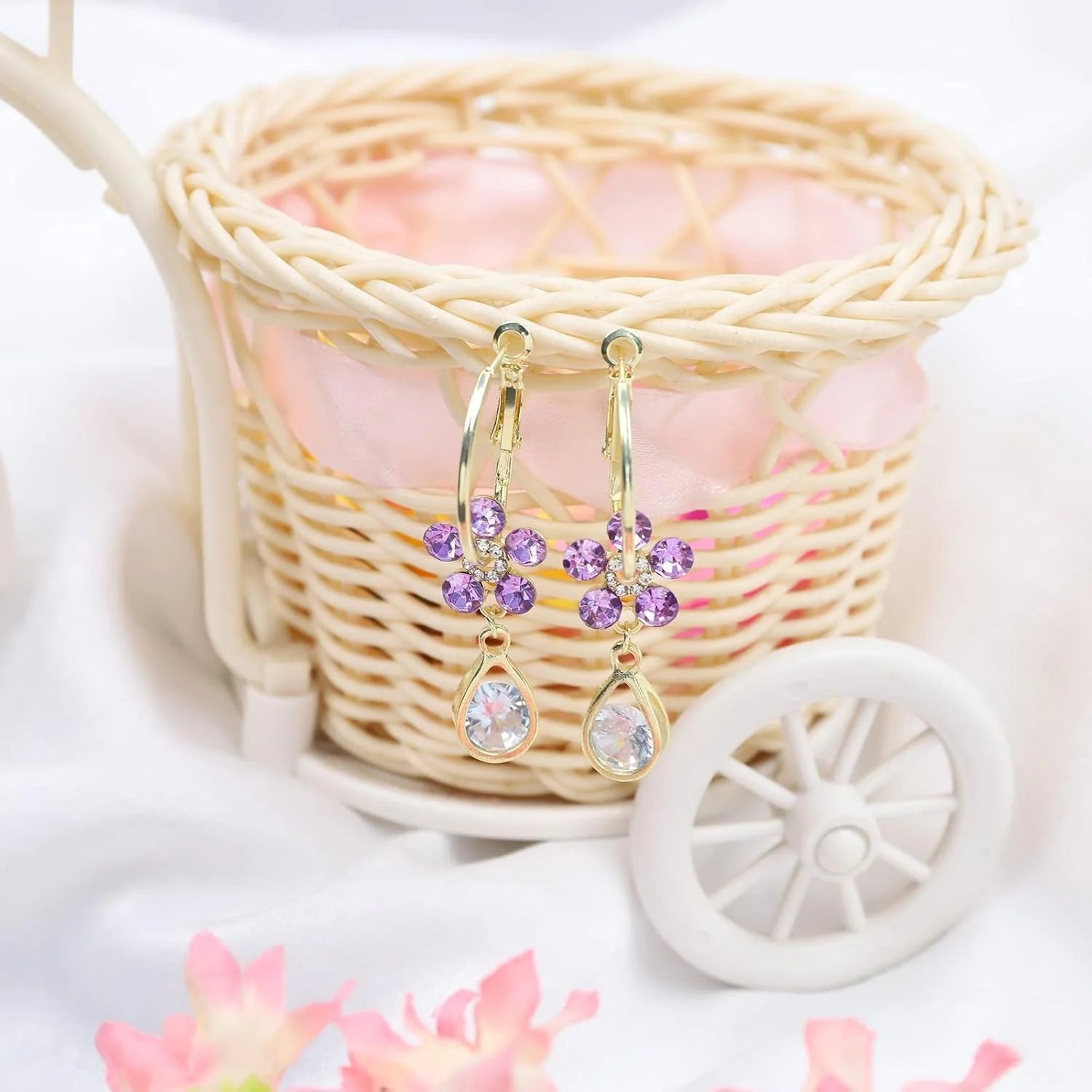 Purple Crystal-Studded Flower Design Drop Earrings