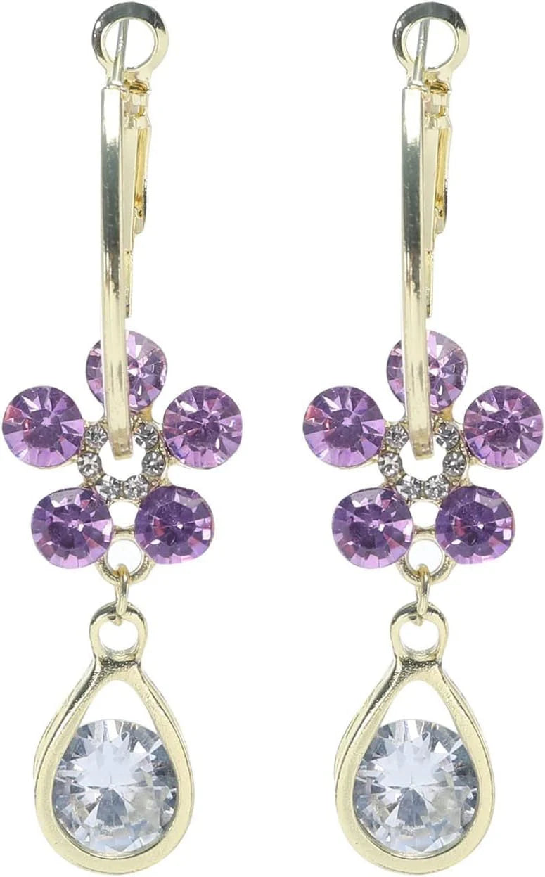 Purple Crystal-Studded Flower Design Drop Earrings