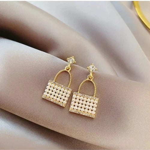 Purse-Shaped Crystal & Pearl Studded Korean Earrings