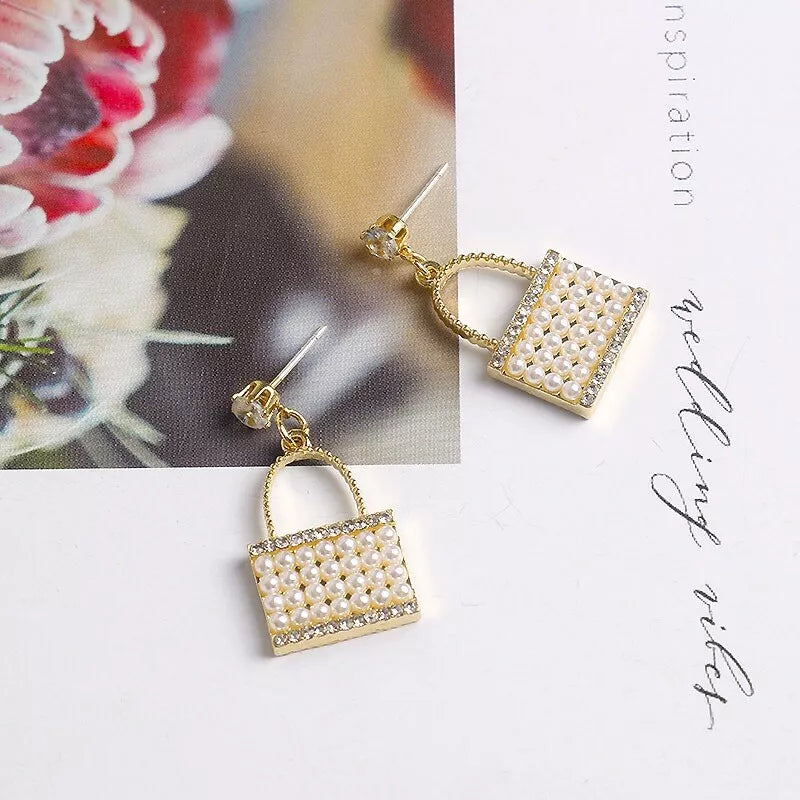 Purse-Shaped Crystal & Pearl Studded Korean Earrings