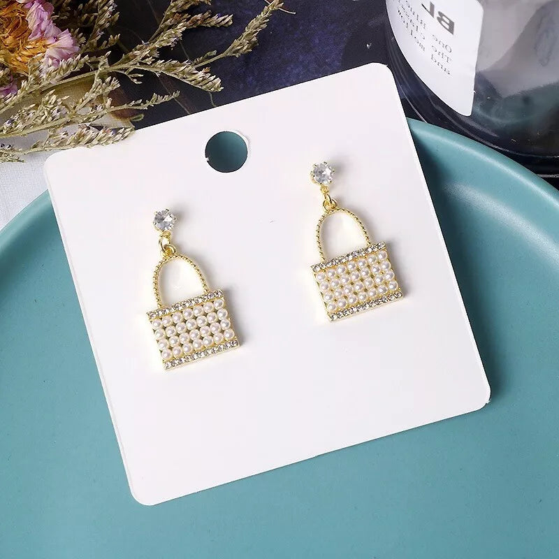 Purse-Shaped Crystal & Pearl Studded Korean Earrings