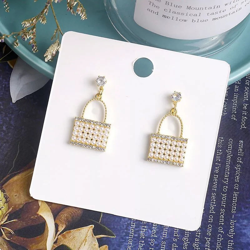 Purse-Shaped Crystal & Pearl Studded Korean Earrings