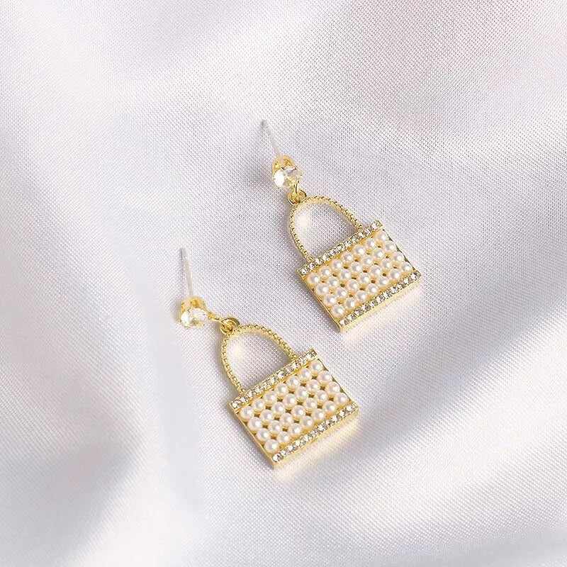 Purse-Shaped Sparkle Drop Earrings, White Pearl Bag Dangle Earrings For Women, Korean Jewellery