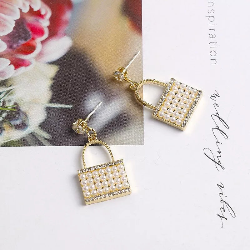 Purse-Shaped Sparkle Drop Earrings, White Pearl Bag Dangle Earrings For Women, Korean Jewellery