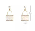 Purse-Shaped Sparkle Drop Earrings, White Pearl Bag Dangle Earrings For Women, Korean Jewellery