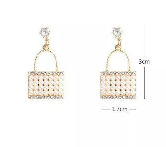 Purse-Shaped Sparkle Drop Earrings, White Pearl Bag Dangle Earrings For Women, Korean Jewellery