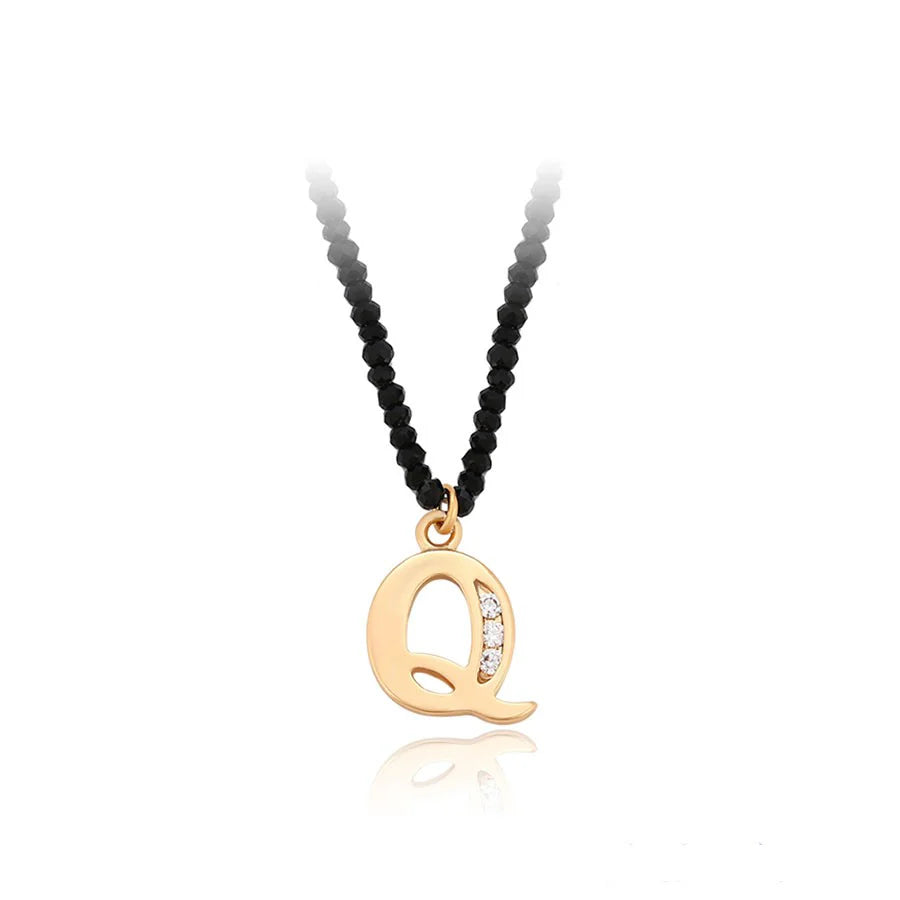 Q Letter Initial Pendant Black Crystal Chain Necklace, CZ Stone Studded 'Q' Necklace