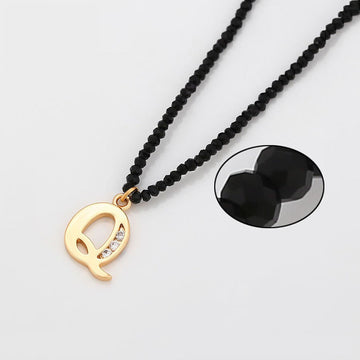 Q Letter Necklace, CZ Stone Studded Q Initial Necklace, Gold Cursive Q Pendant & Black Crystal Chain Jewellery (MXUP1006)