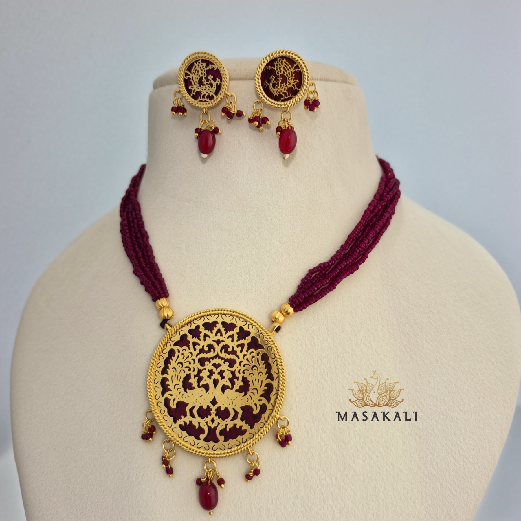 Rajasthani Thewa Art Peacock Design Necklace With Earrings