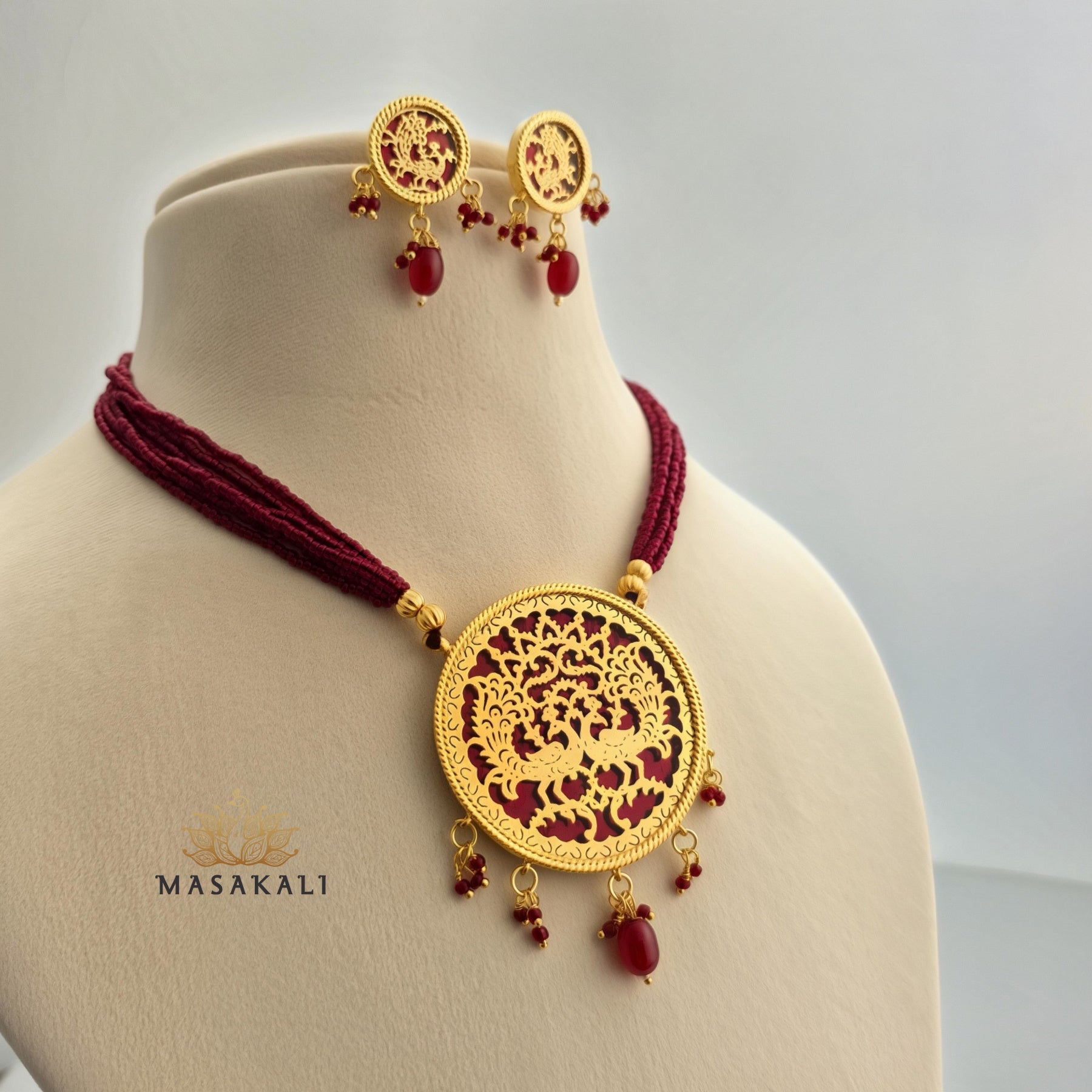Rajasthani Thewa Art Peacock Design Necklace With Earrings