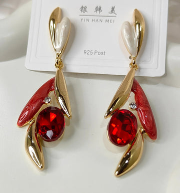 Red Crystal Dangle Earrings, Gold-Plated Designer Korean Earrings (MSAF1009)