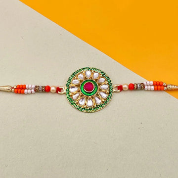 Red & Green Stone Studded Fancy Kundan Rakhi