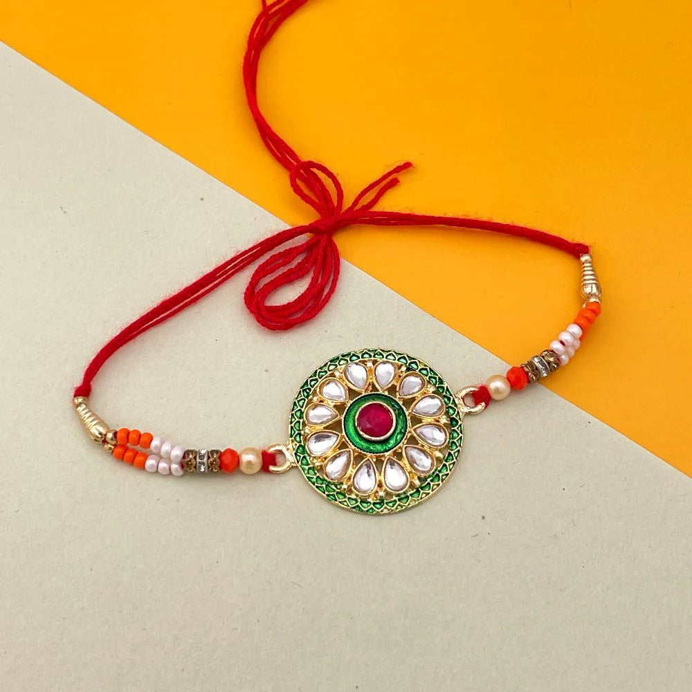 Red & Green Stone Studded Fancy Kundan Rakhi