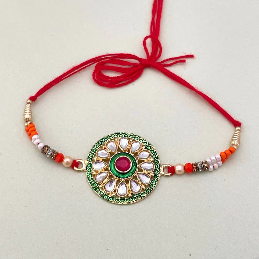 Red & Green Stone Studded Fancy Kundan Rakhi