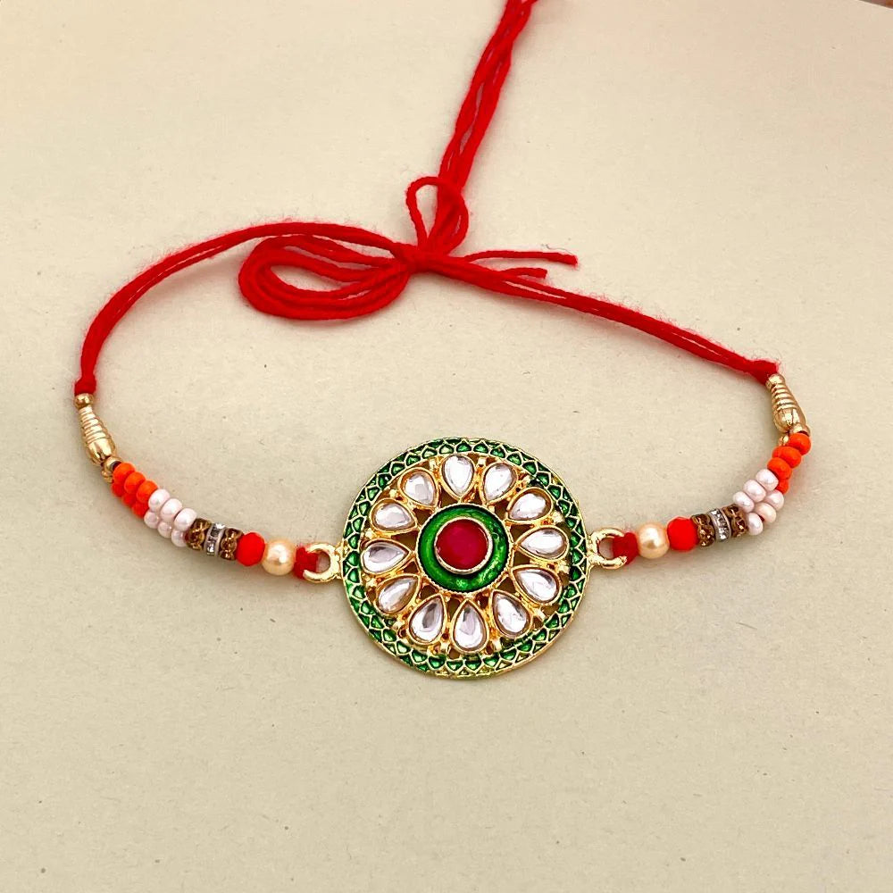 Red & Green Stone Studded Fancy Kundan Rakhi