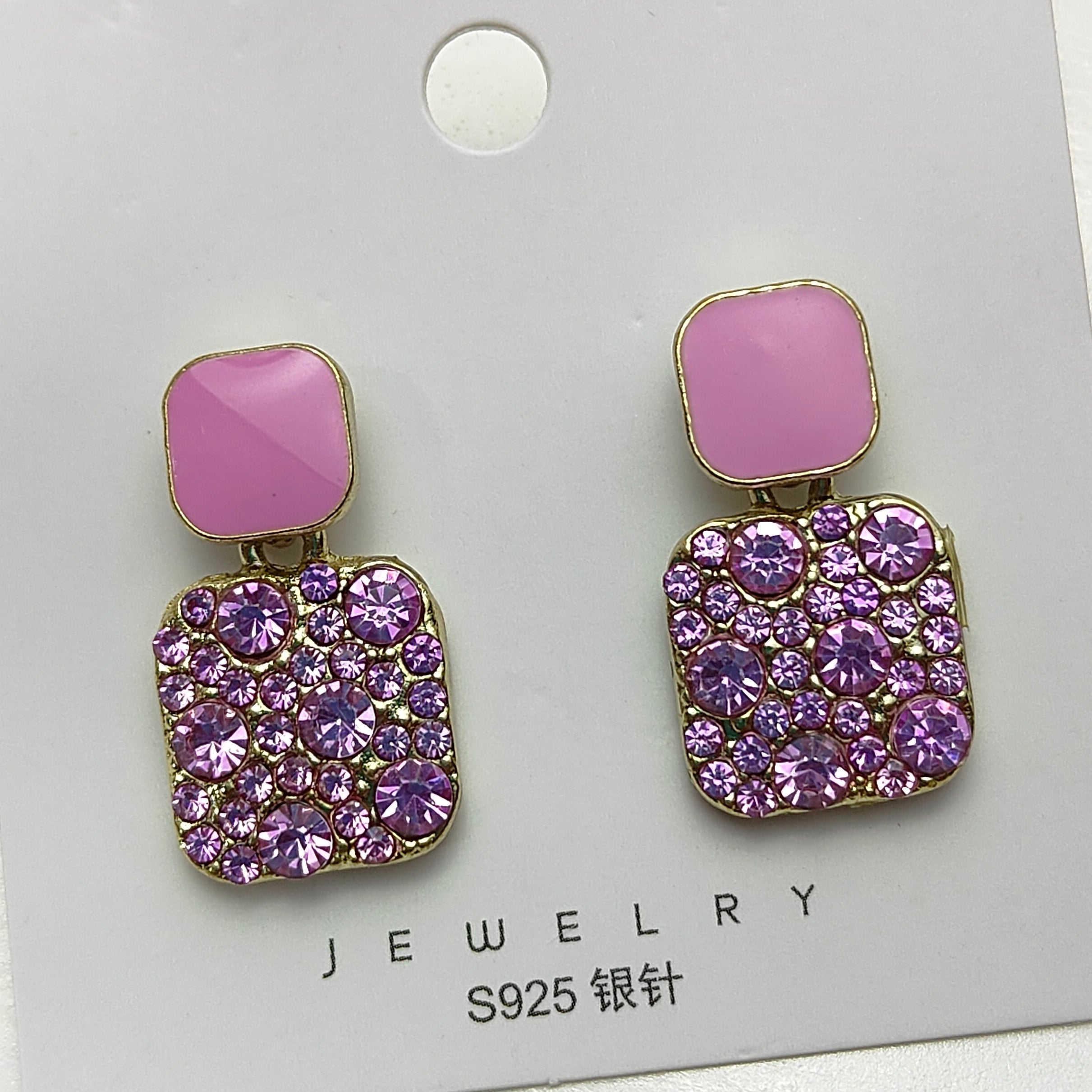 Rhinestone Square Drop Earrings, Retro Korean Jewellery, Purple Earrings (MURB1004)