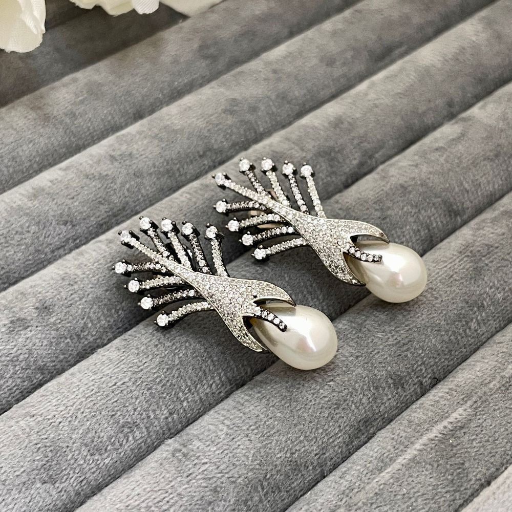 Rhodium-Plated American Diamond Pearl Embellished Drop Earrings